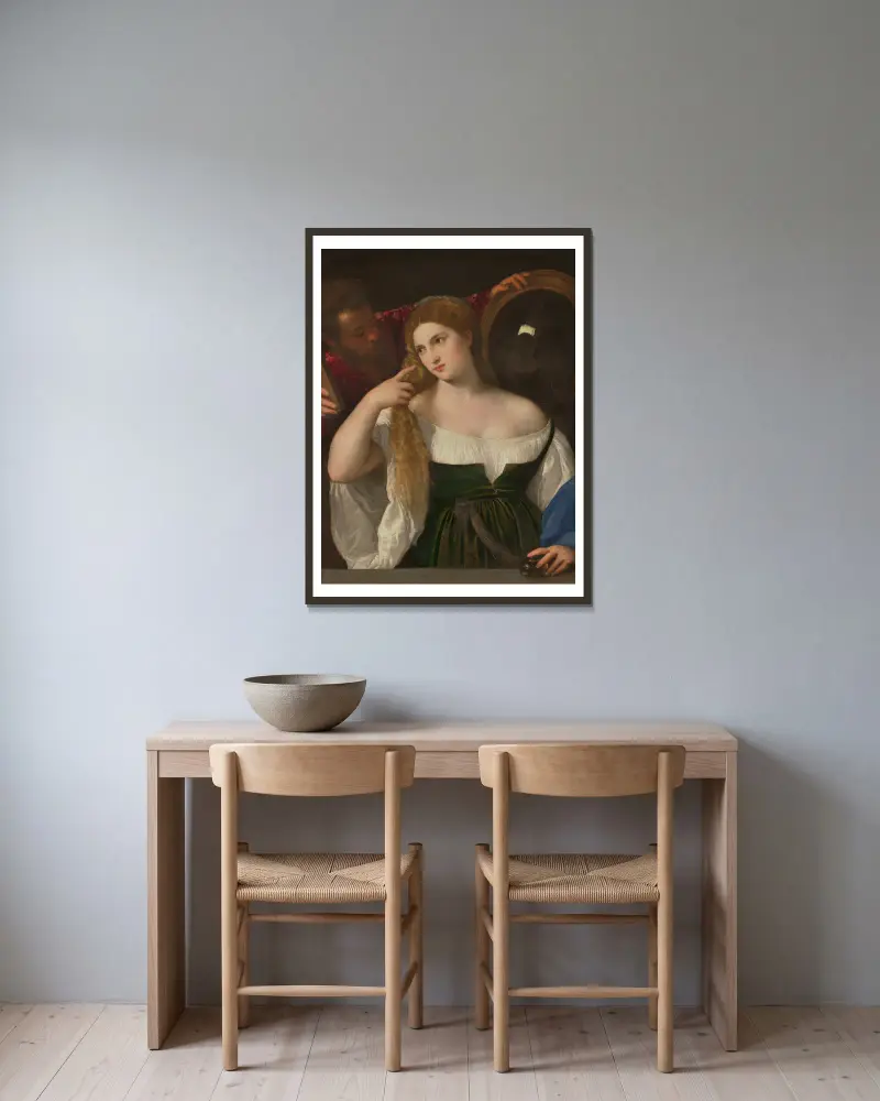 Portrait d’une Femme à sa Toilette av Titian inramad på en vägg