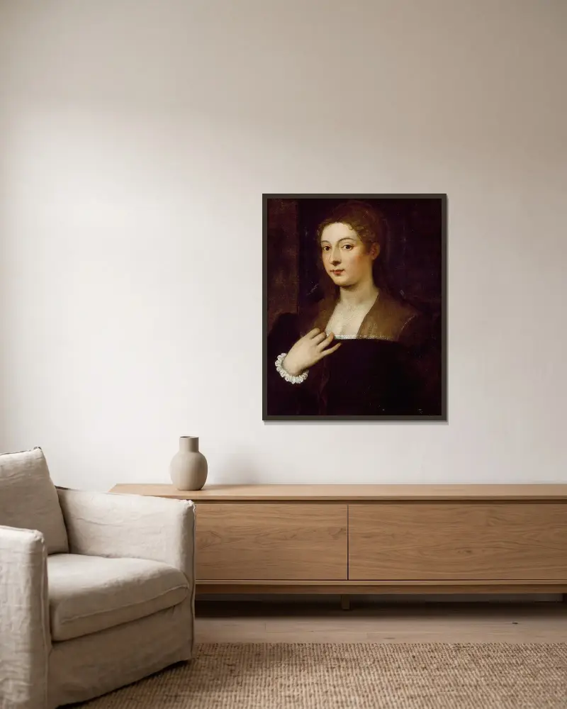 Porträtt av en dam, 1530 av Titian inramad på en vägg