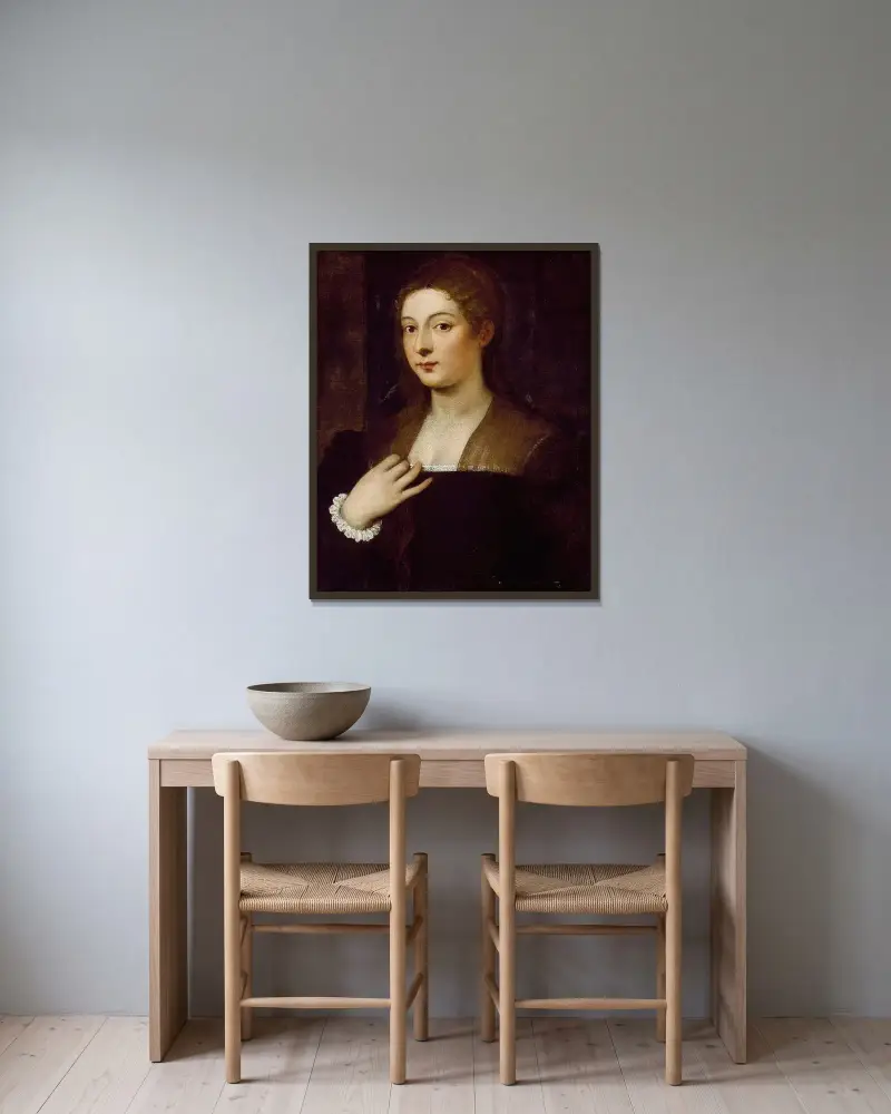 Porträtt av en dam, 1530 av Titian inramad på en vägg