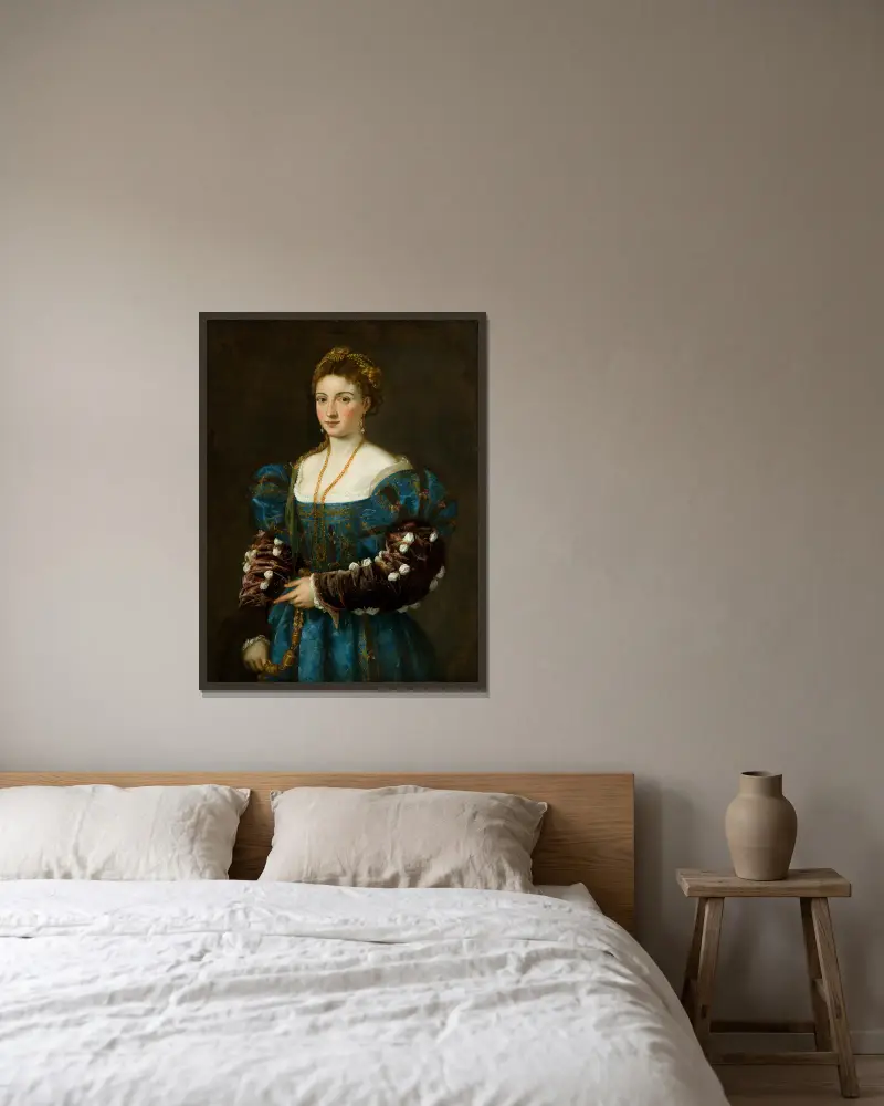 Portrait of a Lady (La Bella), 1536 av Titian inramad på en vägg