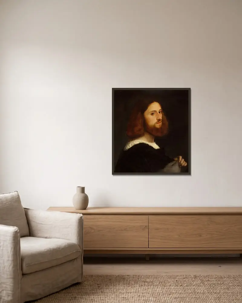 Portrait of a Man, 1515 av Titian inramad på en vägg