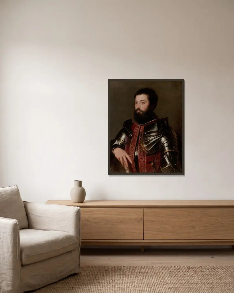 Portrait of a Man in Armor av Titian inramad på en vägg