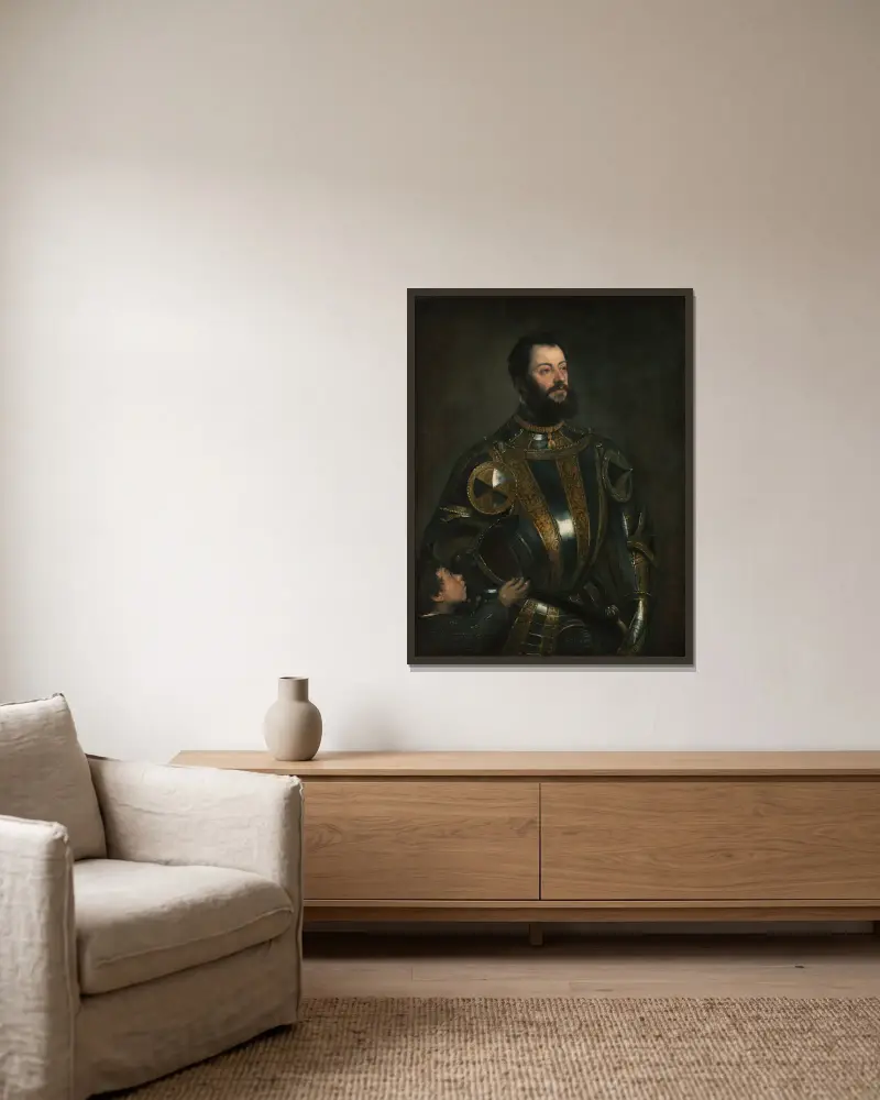 Portrait of Alfonso d’Avalos, Marchese del Vasto, in Armor with a Page av Titian inramad på en vägg