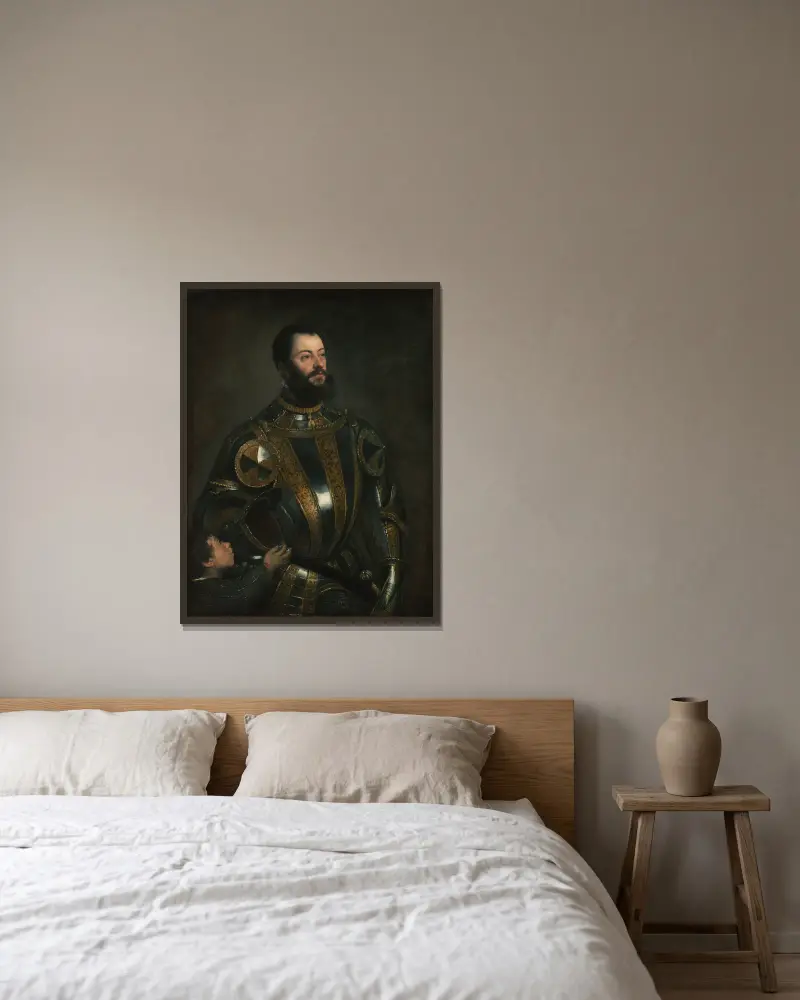 Portrait of Alfonso d’Avalos, Marchese del Vasto, in Armor with a Page av Titian inramad på en vägg