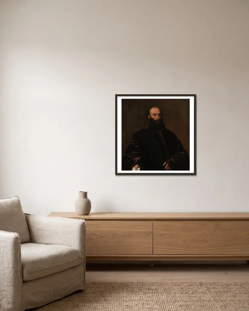 Portrait of Giacomo di Andrea Dolfin av Titian inramad på en vägg