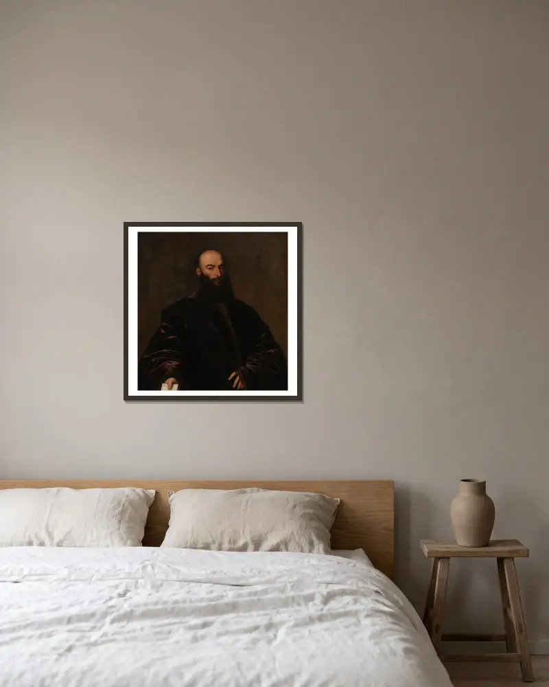 Portrait of Giacomo di Andrea Dolfin av Titian inramad på en vägg