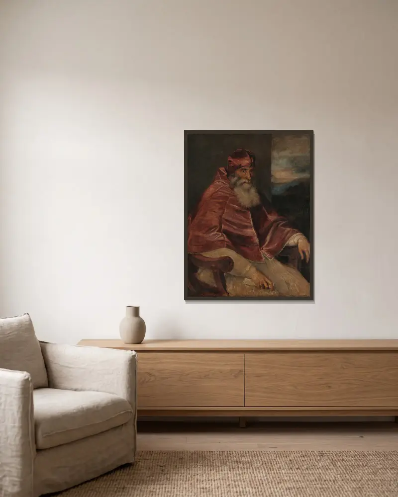 Portrait of Pope Paul III with Camauro av Titian inramad på en vägg