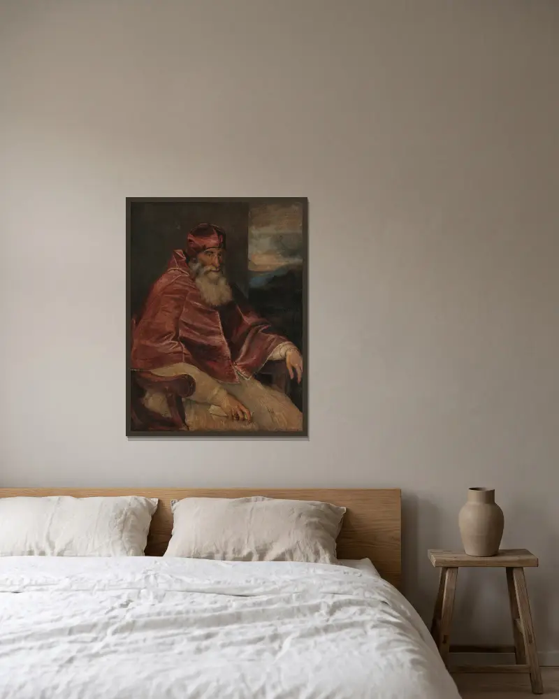Portrait of Pope Paul III with Camauro av Titian inramad på en vägg