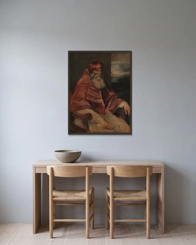 Portrait of Pope Paul III with Camauro av Titian inramad på en vägg