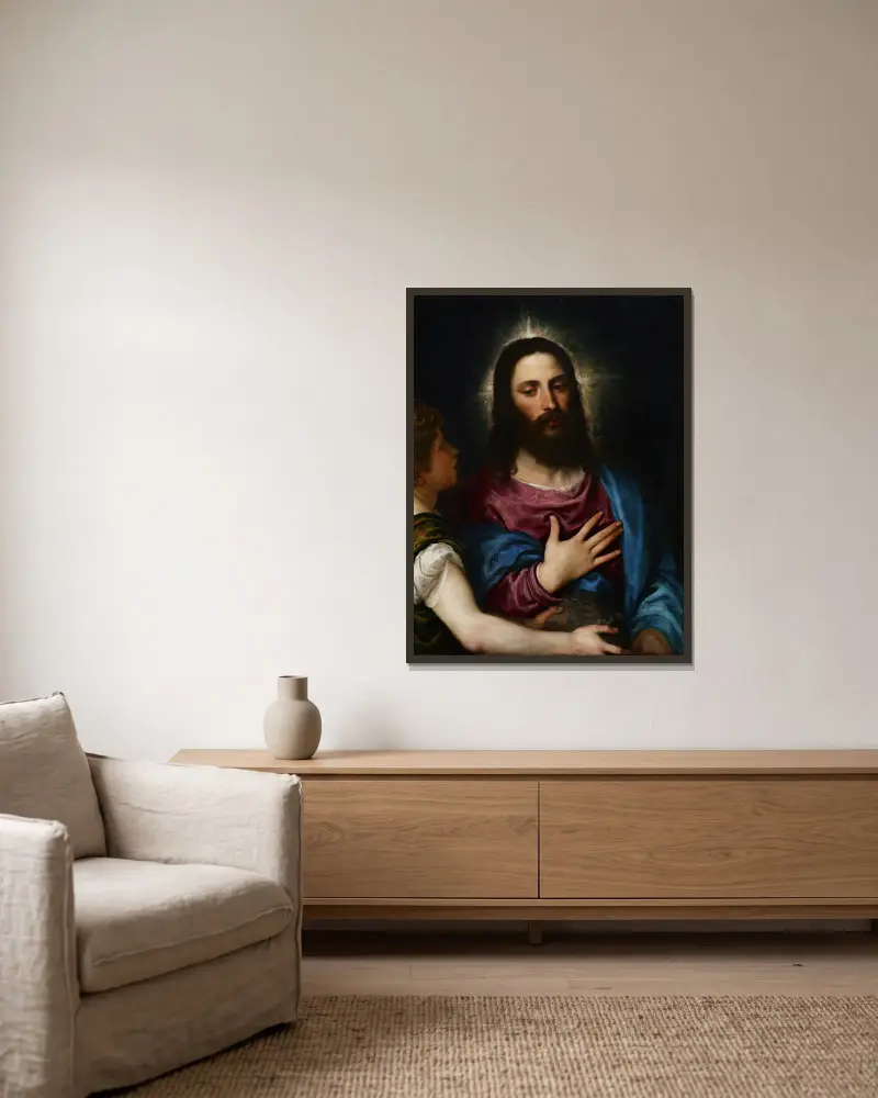 The Temptation of Christ av Titian inramad på en vägg