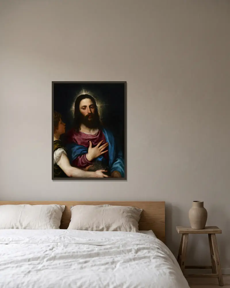 The Temptation of Christ av Titian inramad på en vägg