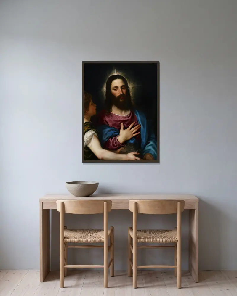 The Temptation of Christ av Titian inramad på en vägg