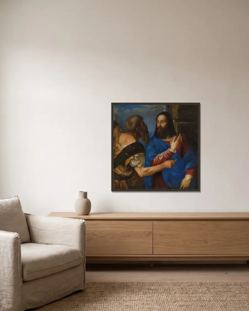 Der Zinsgroschen von Titian gerahmt an einer Wand