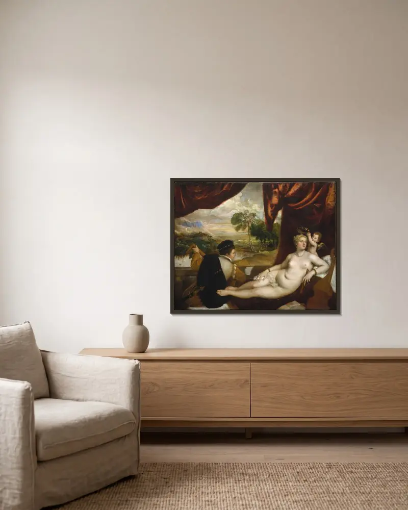 Venus und der Lautenspieler von Titian gerahmt an einer Wand