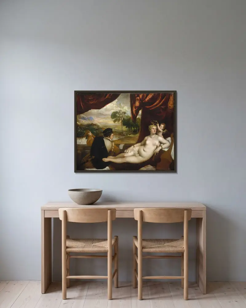 Venus und der Lautenspieler von Titian gerahmt an einer Wand