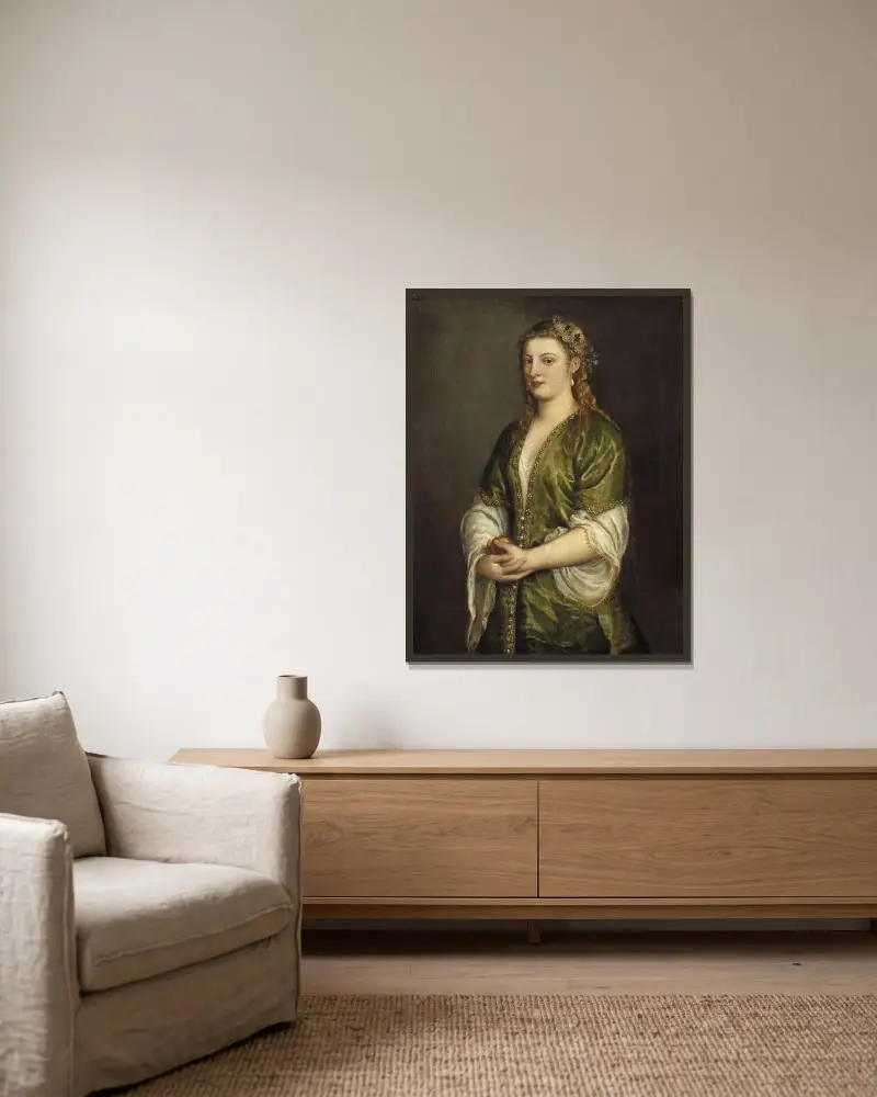 Woman Holding an Apple av Titian inramad på en vägg
