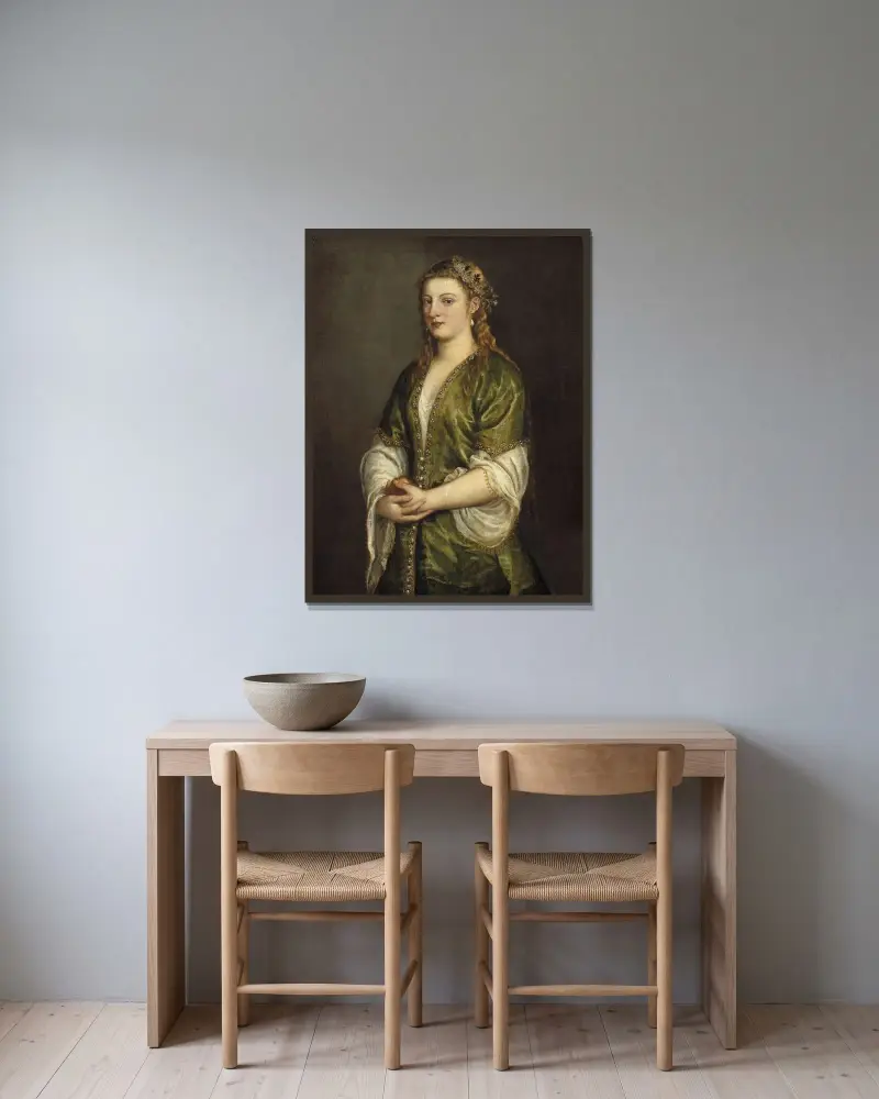 Woman Holding an Apple av Titian inramad på en vägg