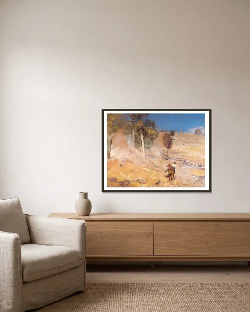 Ein Ausbruch! von Tom Roberts gerahmt an einer Wand