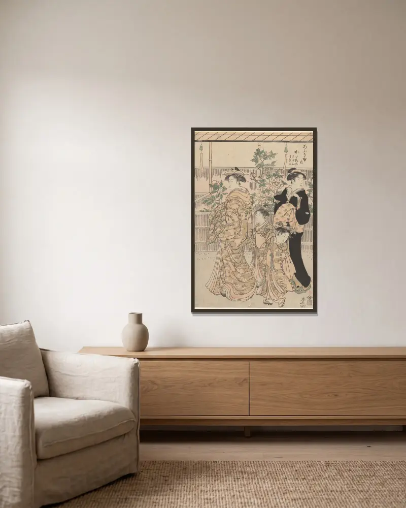Peonies on Nakanochô Street in Yoshiwara Gay Quarters (Nakanochô no Botan), 1789 – nr 2 av Torii Kiyonaga inramad på en vägg