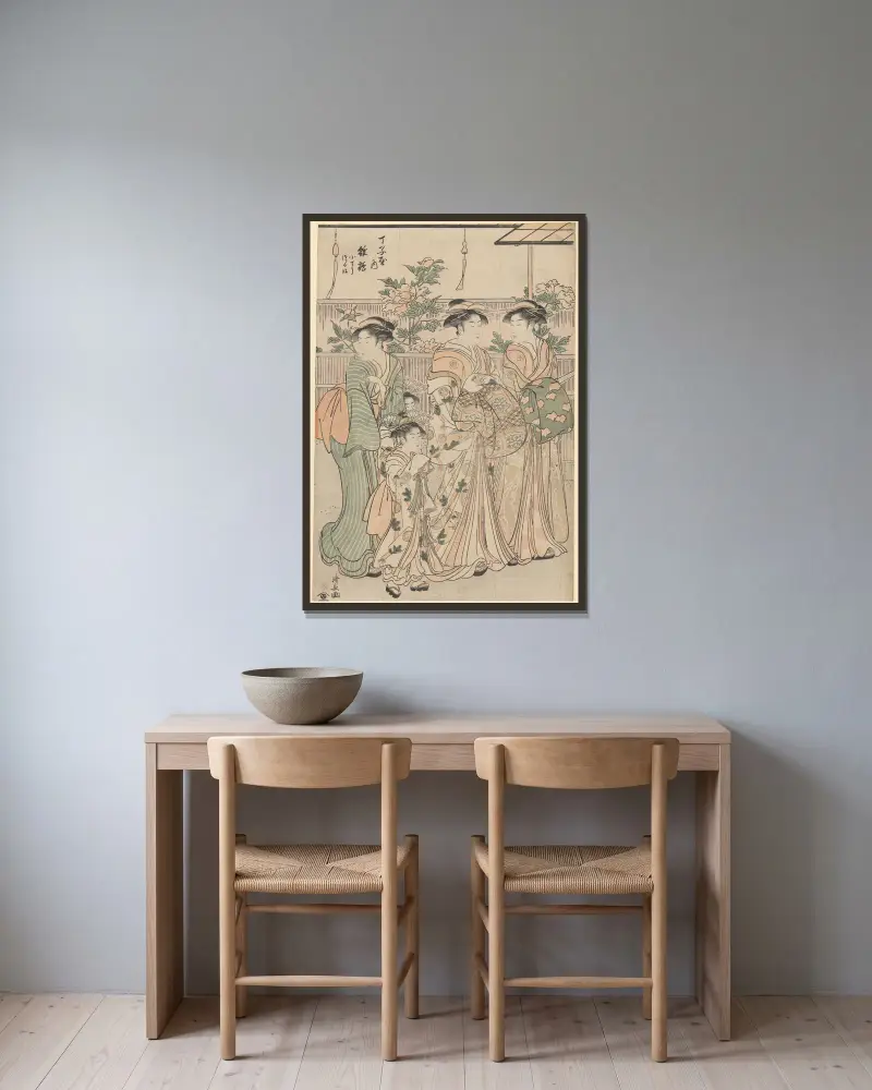 Pioner på Nakanochô-gatan i Yoshiwara, 1789 – nr 1 av Torii Kiyonaga inramad på en vägg