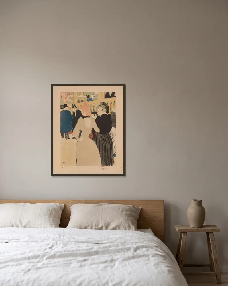 At the Moulin Rouge; La Goulue and Her Sister, 1892 – nr 1 av Henri de Toulouse-Lautrec inramad på en vägg