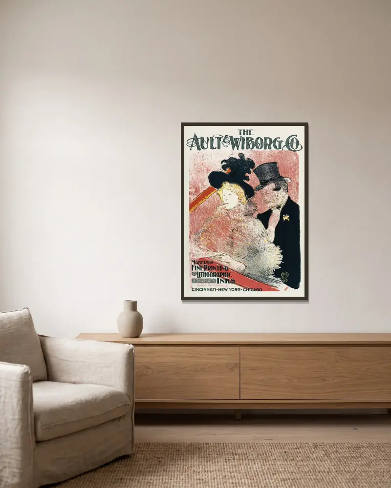 Ault and Wiborg, Ad. 105 av Henri de Toulouse-Lautrec inramad på en vägg