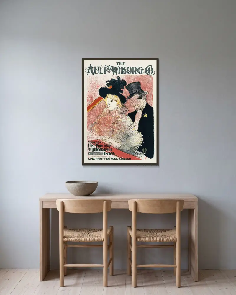 Ault and Wiborg, Ad. 105 av Henri de Toulouse-Lautrec inramad på en vägg
