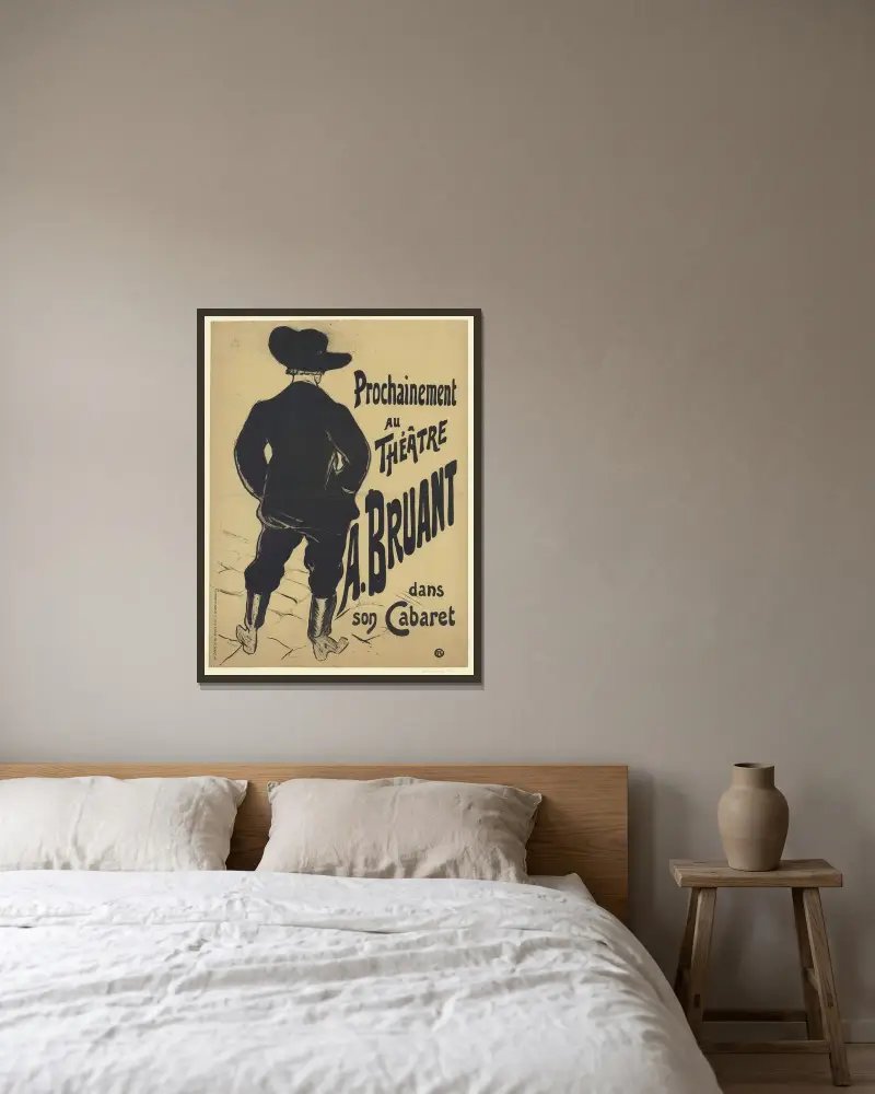 Bruant au Mirliton. Prochainement au théâtre, A. Bruant dans son Cabaret av Henri de Toulouse-Lautrec inramad på en vägg