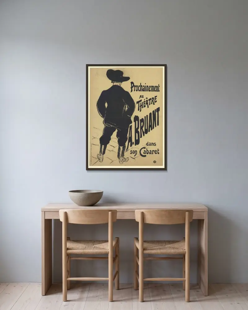 Bruant au Mirliton. Prochainement au théâtre, A. Bruant dans son Cabaret av Henri de Toulouse-Lautrec inramad på en vägg