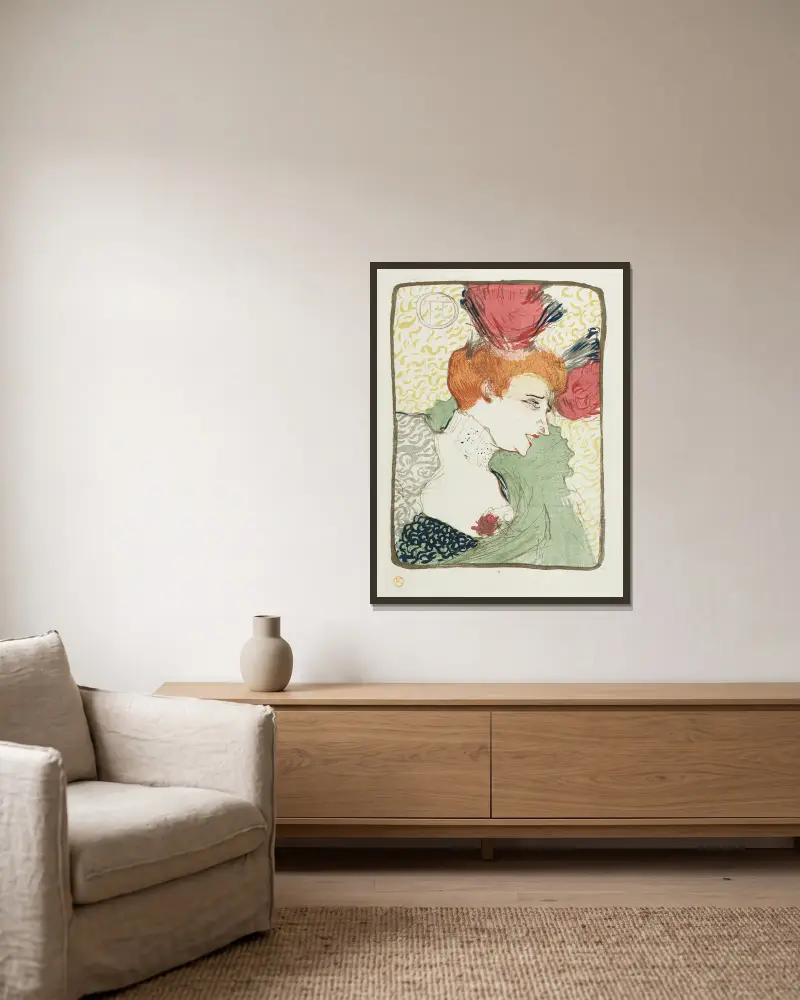 Byst av mademoiselle Lender av Henri de Toulouse-Lautrec inramad på en vägg