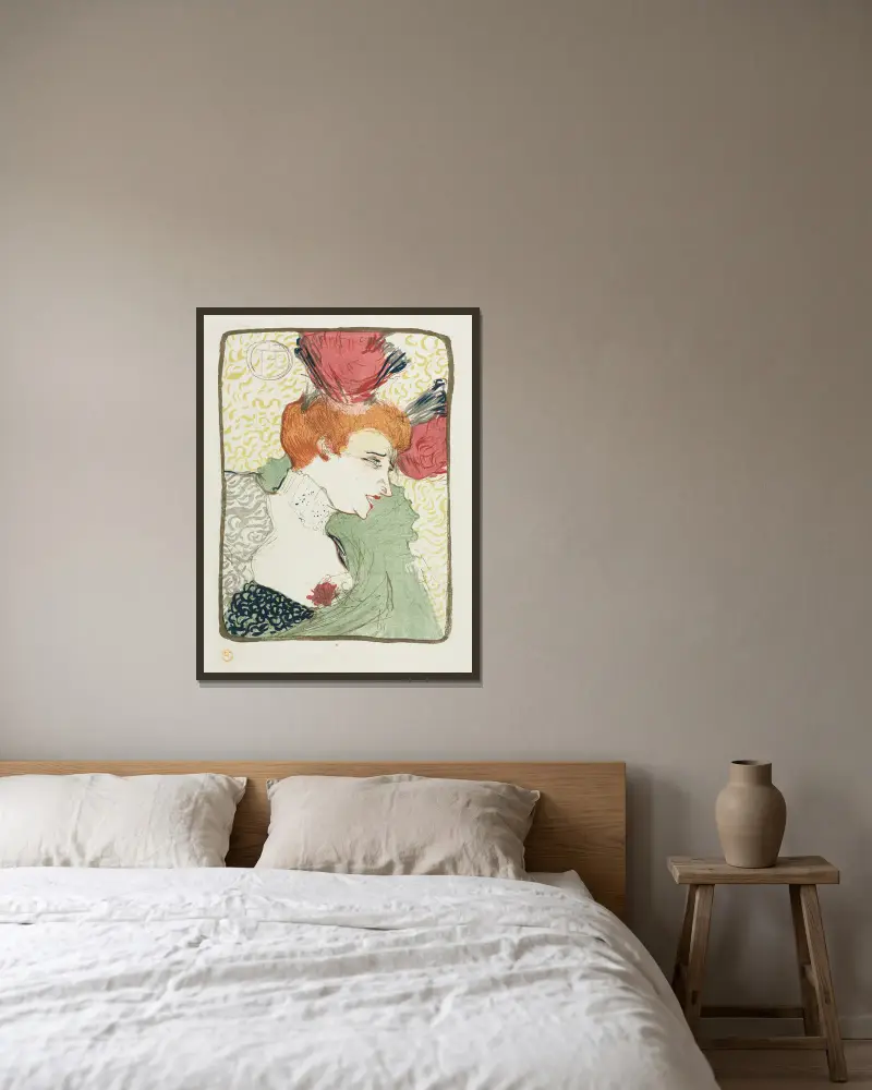 Byst av mademoiselle Lender av Henri de Toulouse-Lautrec inramad på en vägg