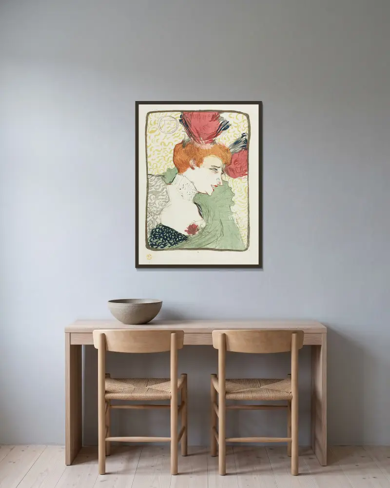 Byst av mademoiselle Lender av Henri de Toulouse-Lautrec inramad på en vägg