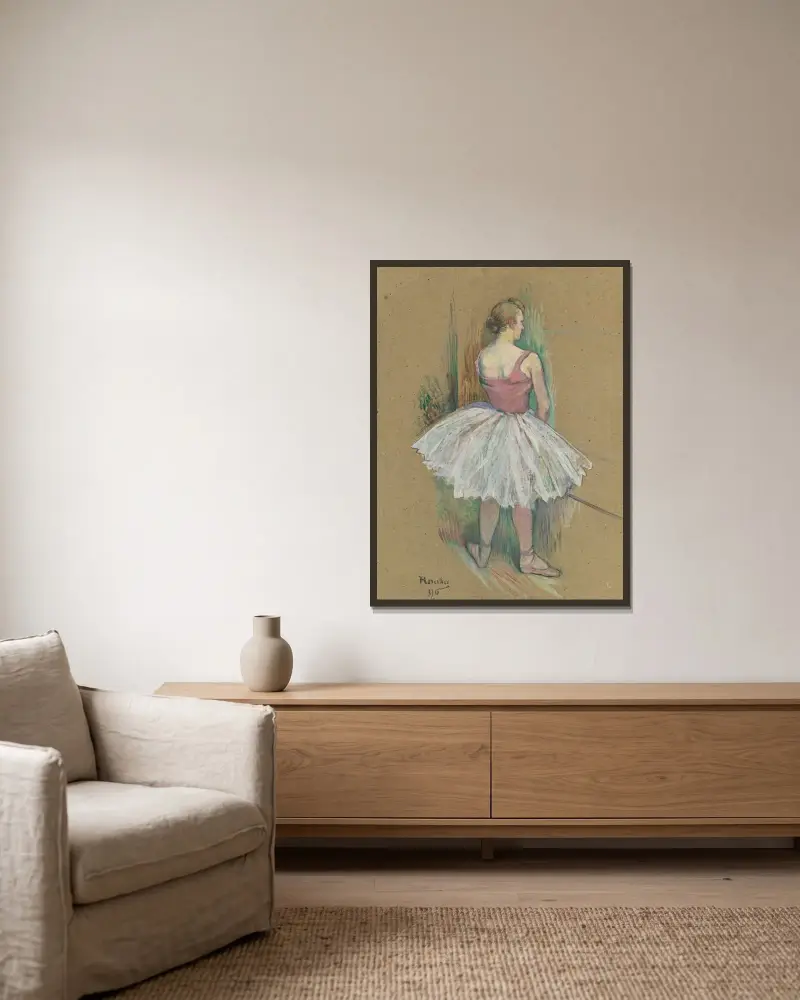 Stehende Tänzerin, von hinten gesehen von Henri de Toulouse-Lautrec gerahmt an einer Wand