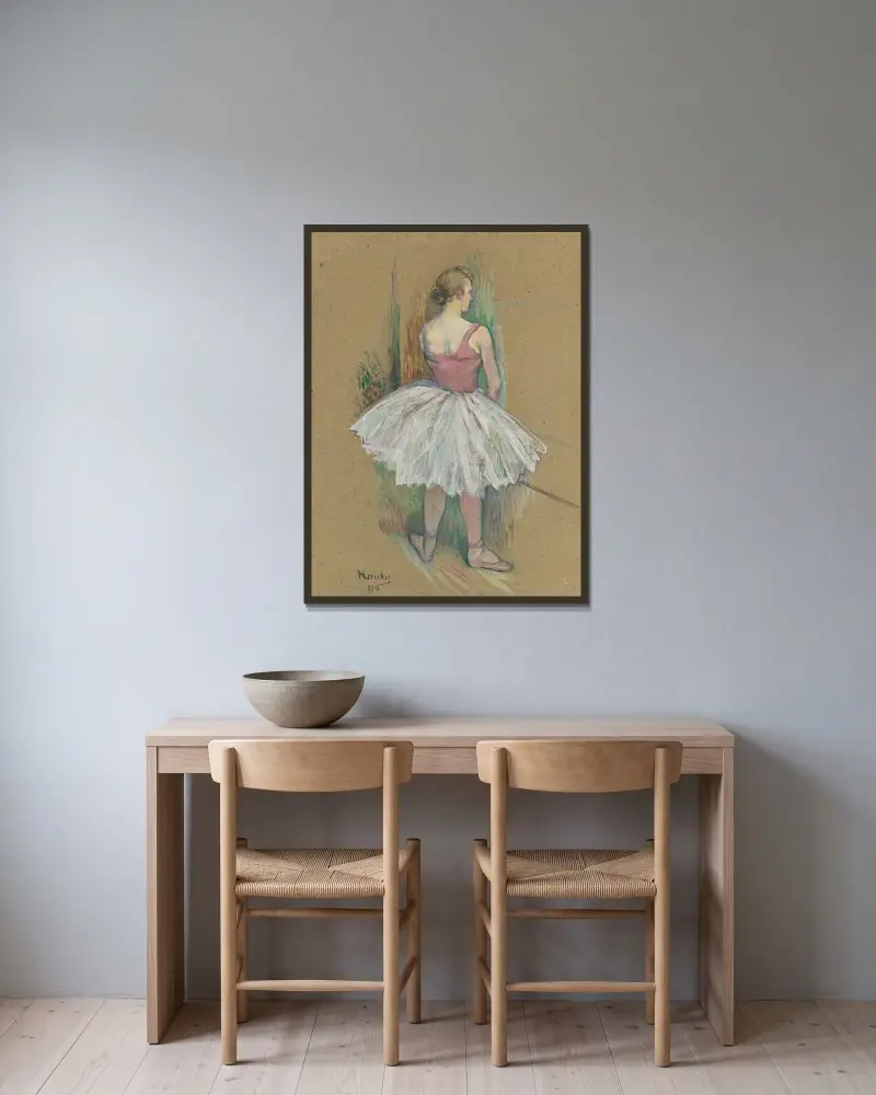 Stehende Tänzerin, von hinten gesehen von Henri de Toulouse-Lautrec gerahmt an einer Wand