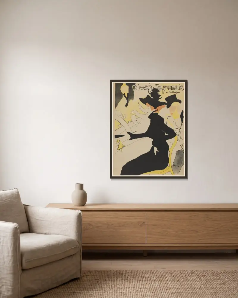 Divan japonais, 75 rue des Martyrs Ed av Henri de Toulouse-Lautrec inramad på en vägg