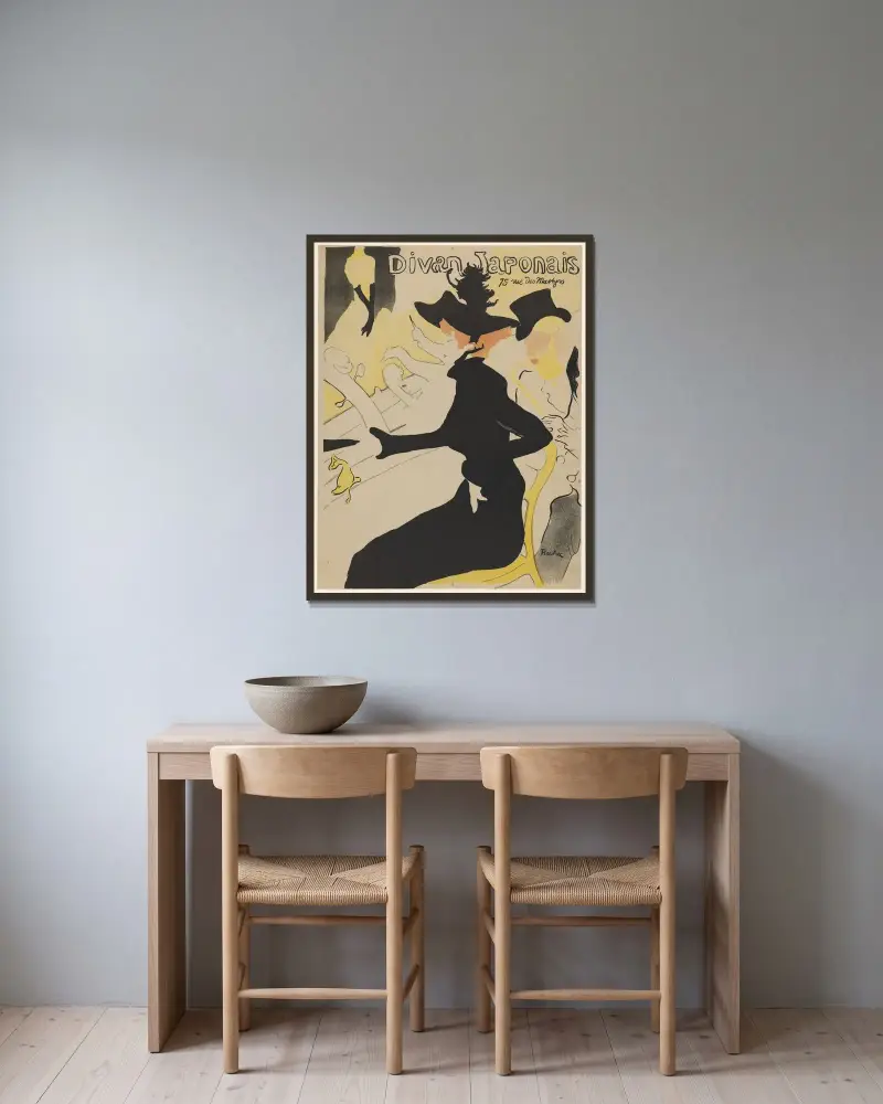 Divan japonais, 75 rue des Martyrs Ed av Henri de Toulouse-Lautrec inramad på en vägg