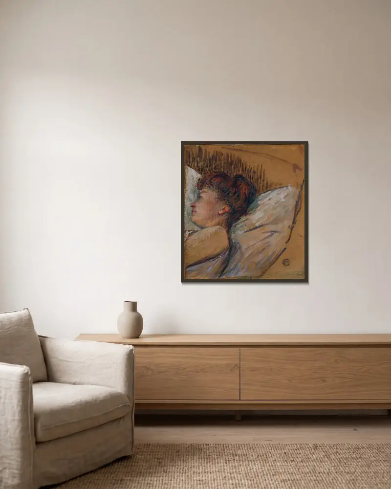 Frau im Bett av Henri de Toulouse-Lautrec inramad på en vägg