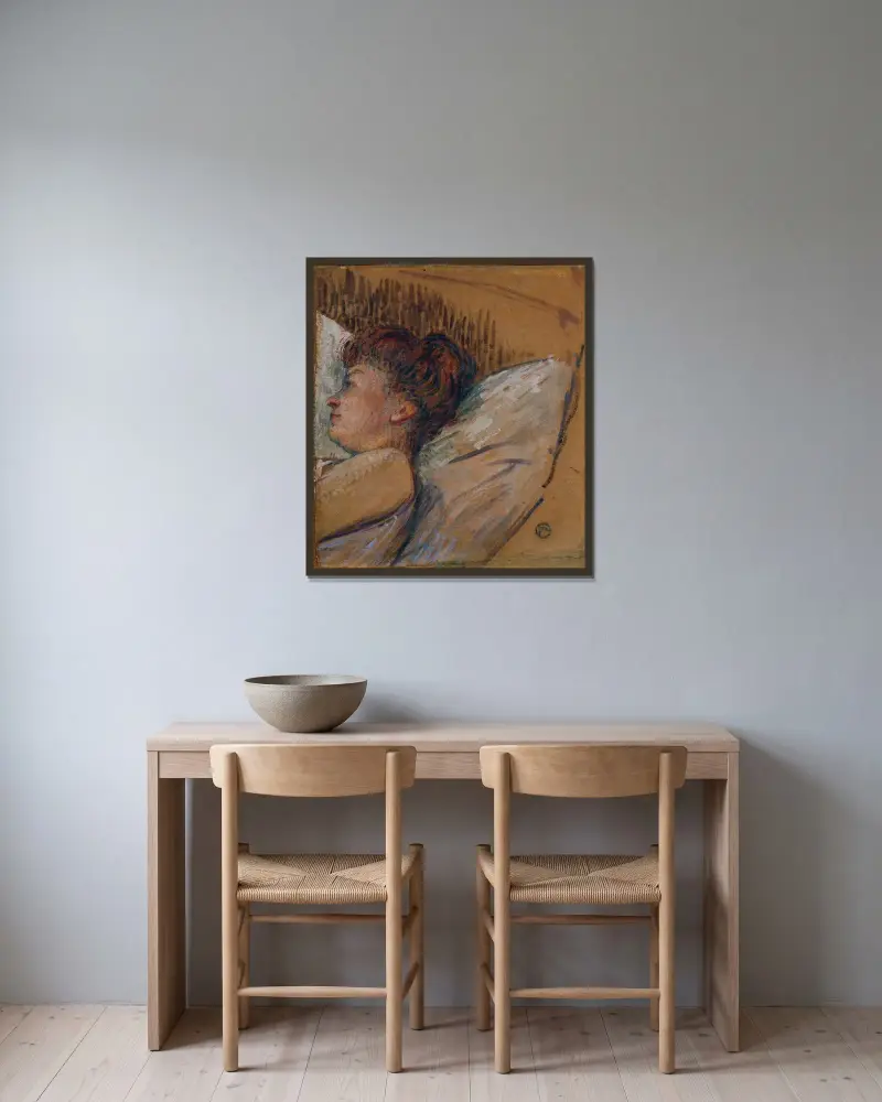 Frau im Bett av Henri de Toulouse-Lautrec inramad på en vägg