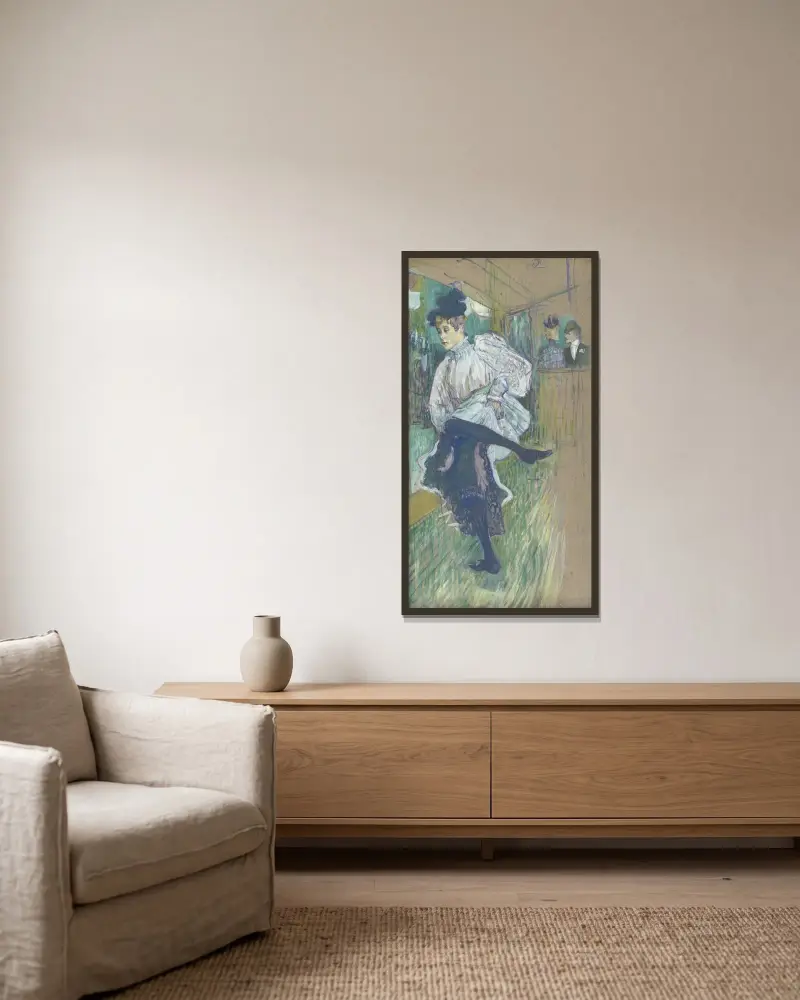 Jane Avril tanzend von Henri de Toulouse-Lautrec gerahmt an einer Wand