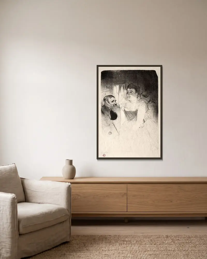 Judic in the Loge av Henri de Toulouse-Lautrec inramad på en vägg