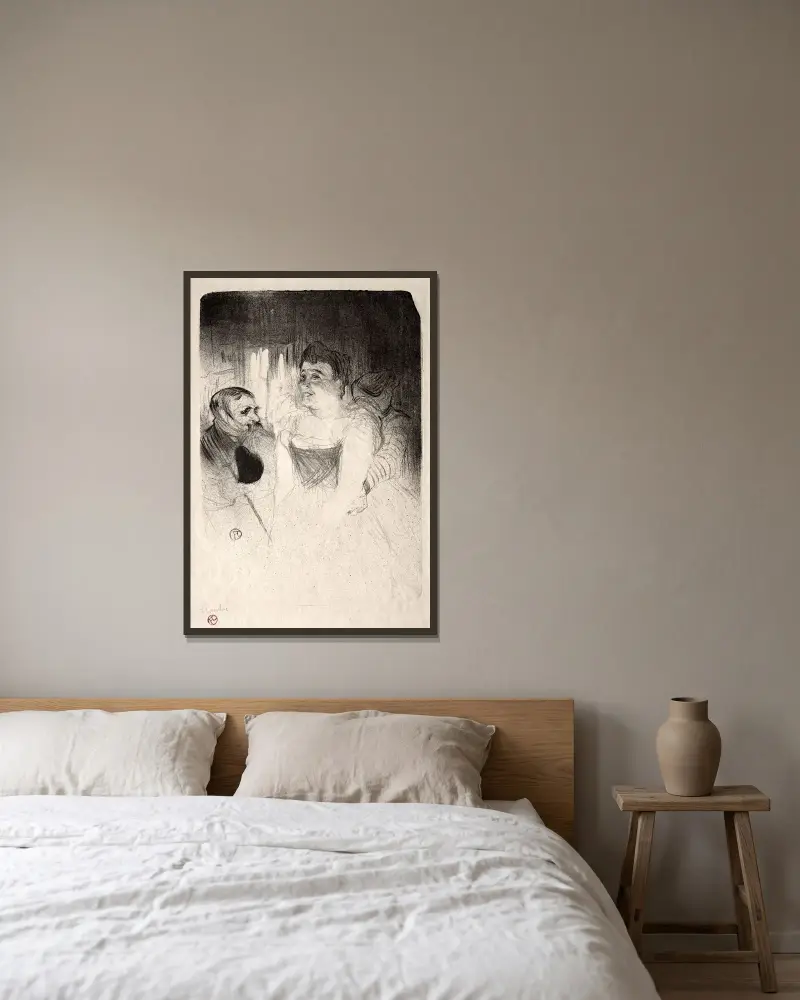 Judic in the Loge av Henri de Toulouse-Lautrec inramad på en vägg