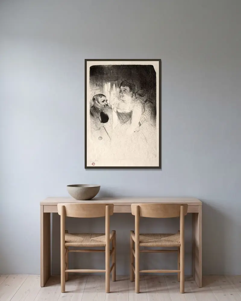 Judic in the Loge av Henri de Toulouse-Lautrec inramad på en vägg