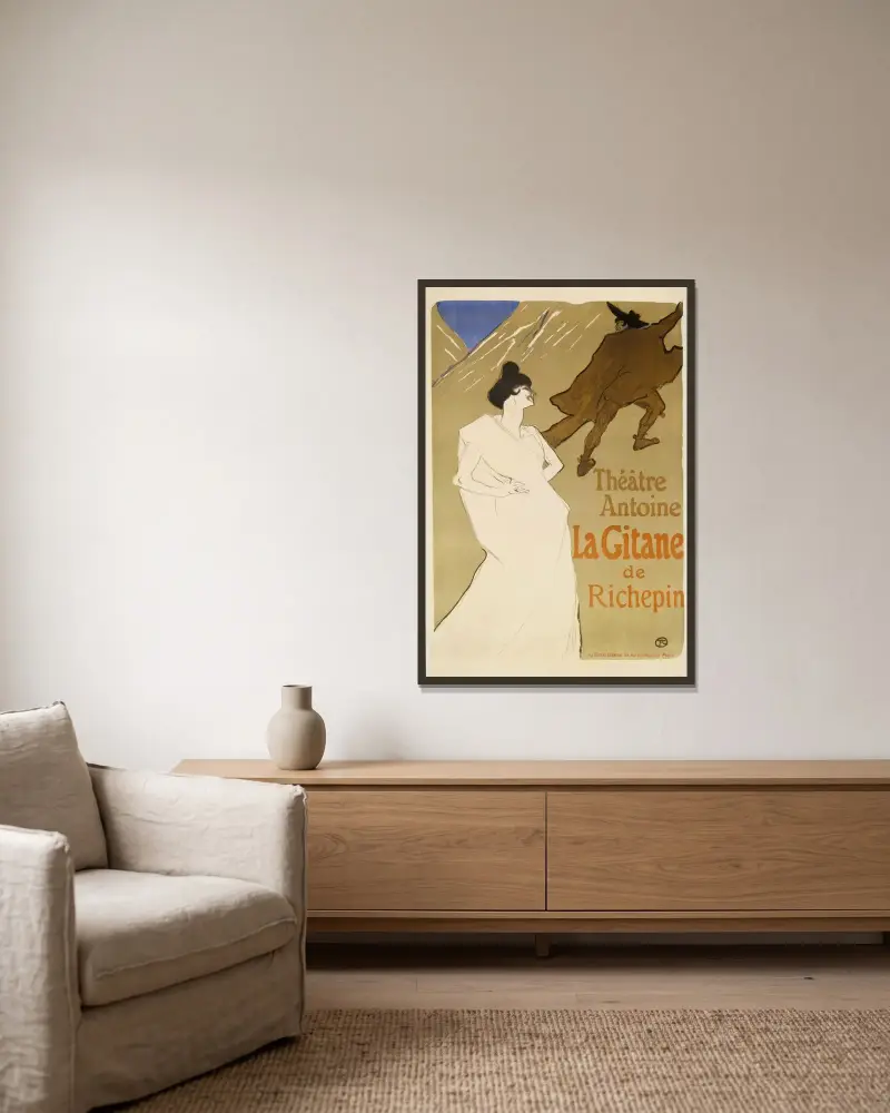 La Gitane.Théatre Antoine, La Gitane de Richepin av Henri de Toulouse-Lautrec inramad på en vägg