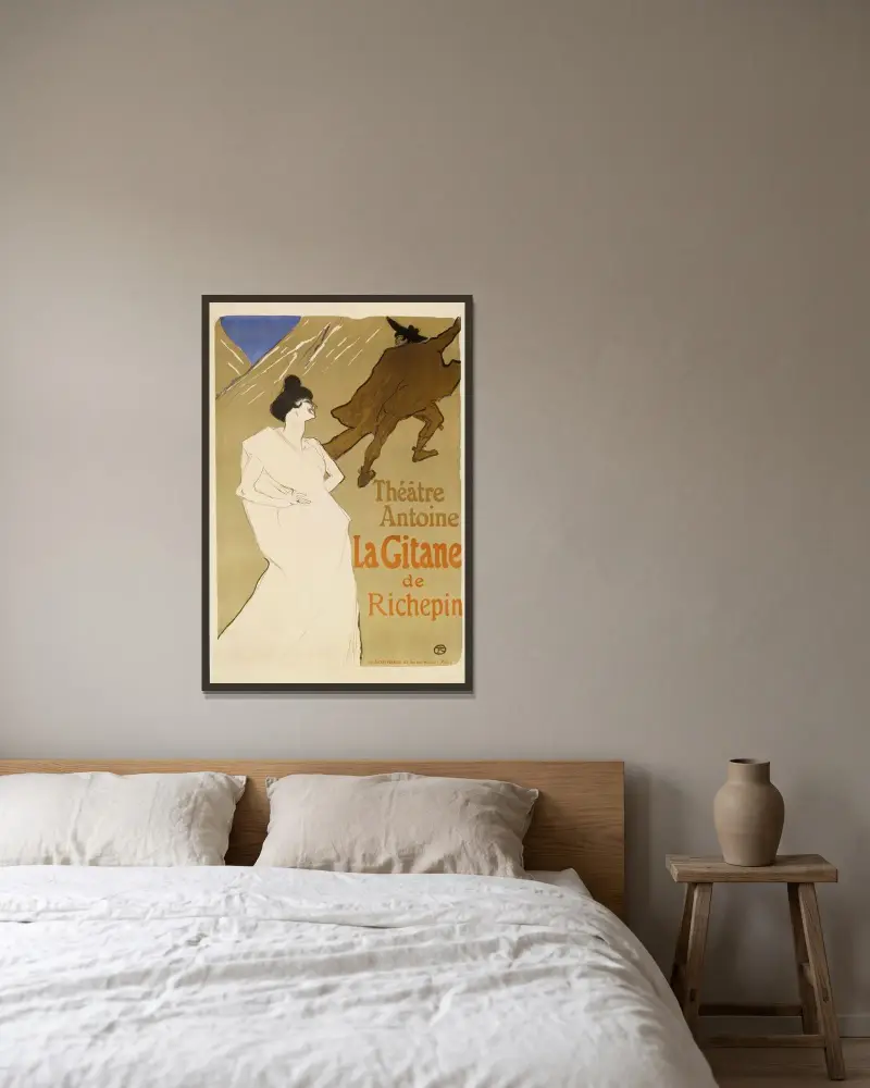 La Gitane.Théatre Antoine, La Gitane de Richepin av Henri de Toulouse-Lautrec inramad på en vägg