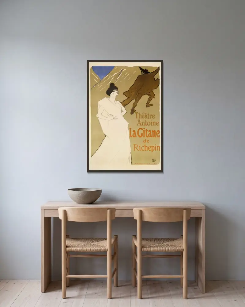 La Gitane.Théatre Antoine, La Gitane de Richepin av Henri de Toulouse-Lautrec inramad på en vägg