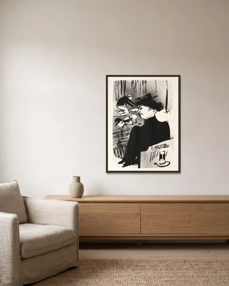 Le Café-Concert,Une Spectatrice av Henri de Toulouse-Lautrec inramad på en vägg