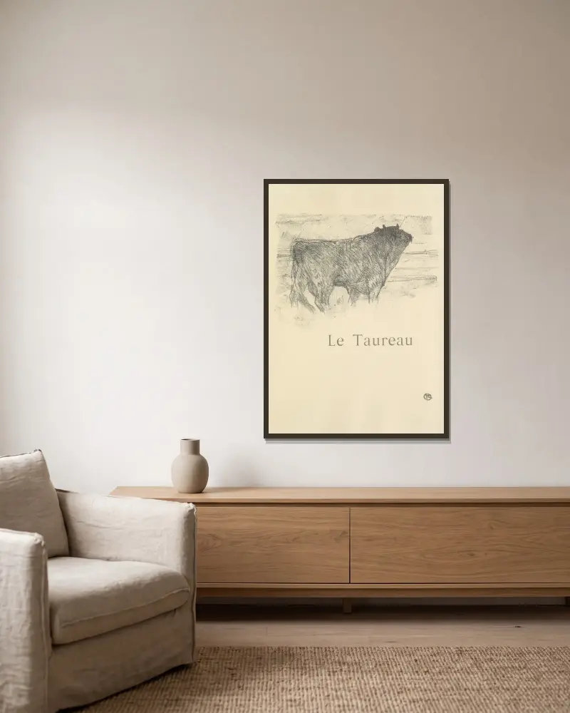 Le Taureau av Henri de Toulouse-Lautrec inramad på en vägg