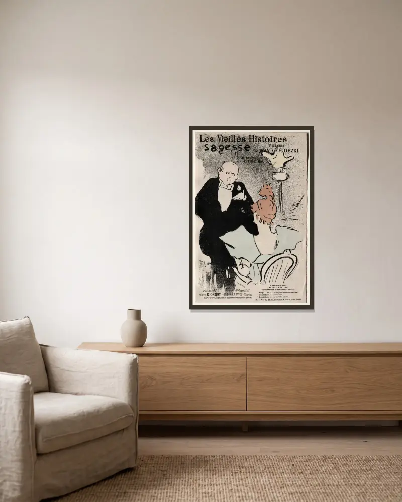 Les Vieilles Histoires, Sagesse av Henri de Toulouse-Lautrec inramad på en vägg