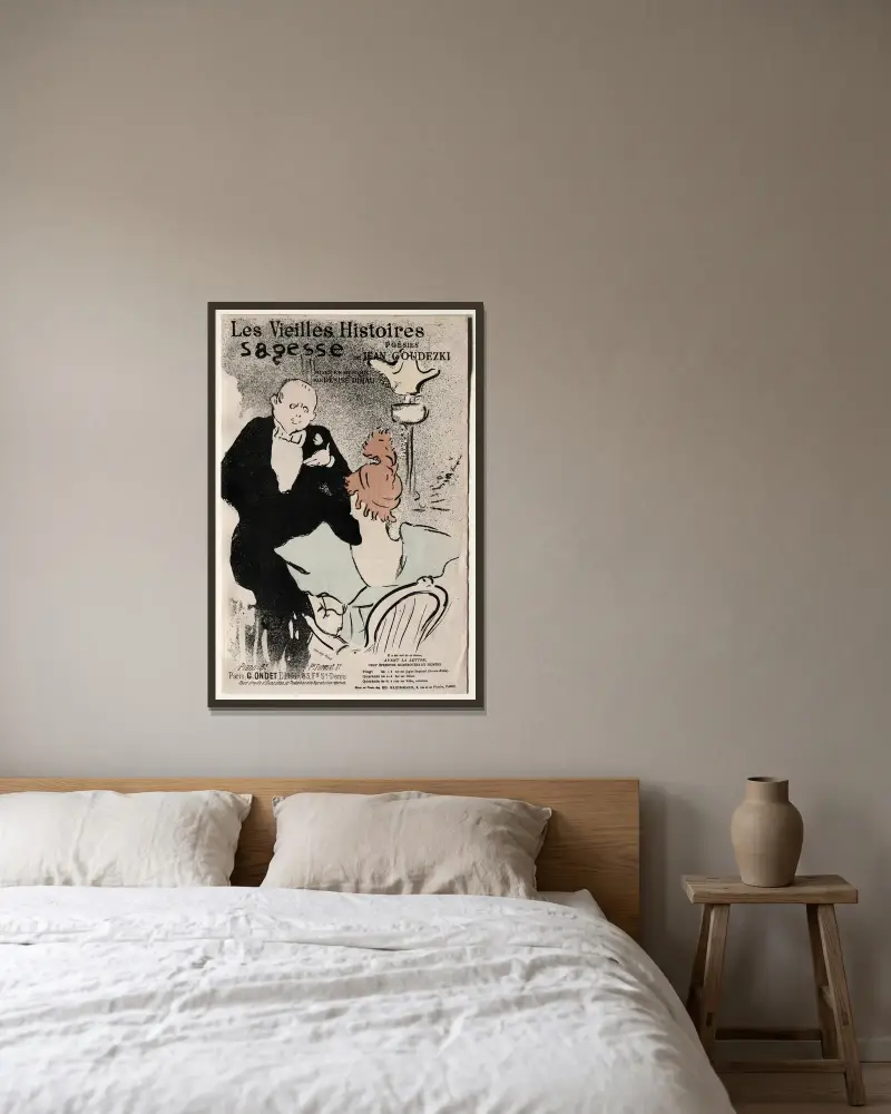 Les Vieilles Histoires, Sagesse av Henri de Toulouse-Lautrec inramad på en vägg