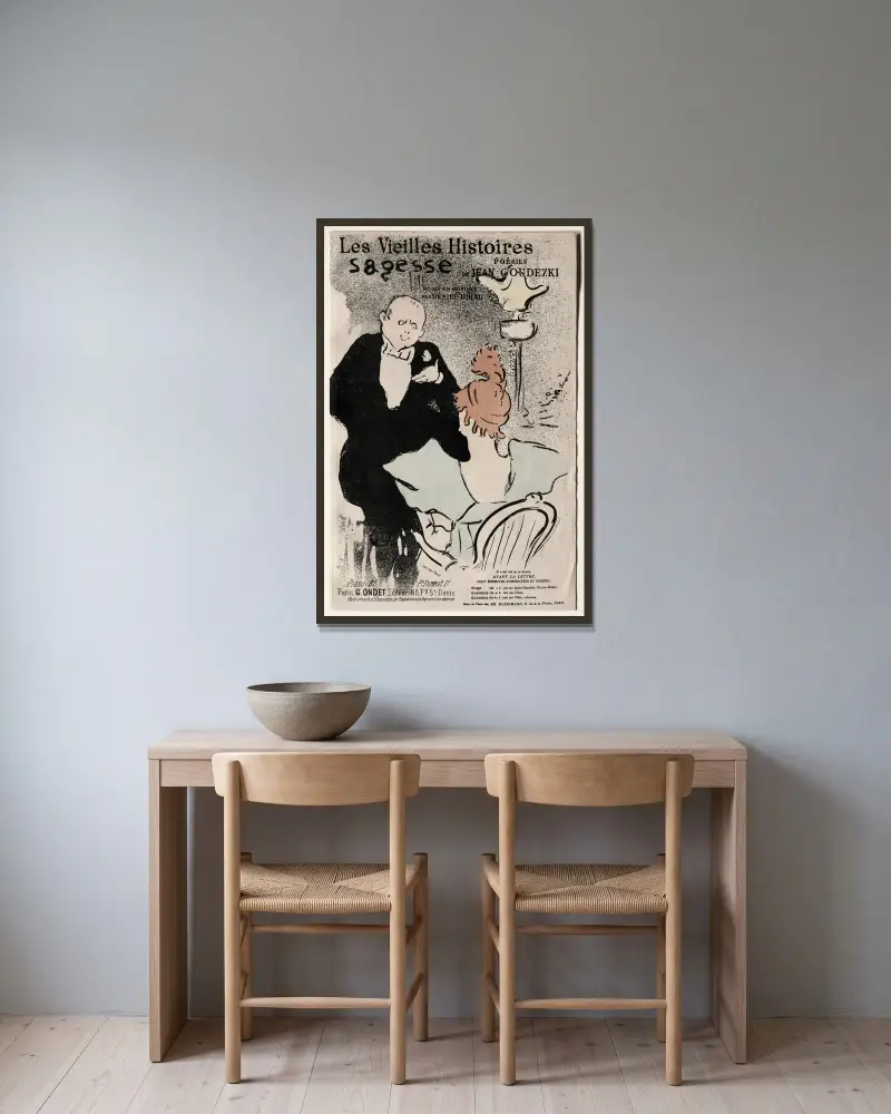 Les Vieilles Histoires, Sagesse av Henri de Toulouse-Lautrec inramad på en vägg